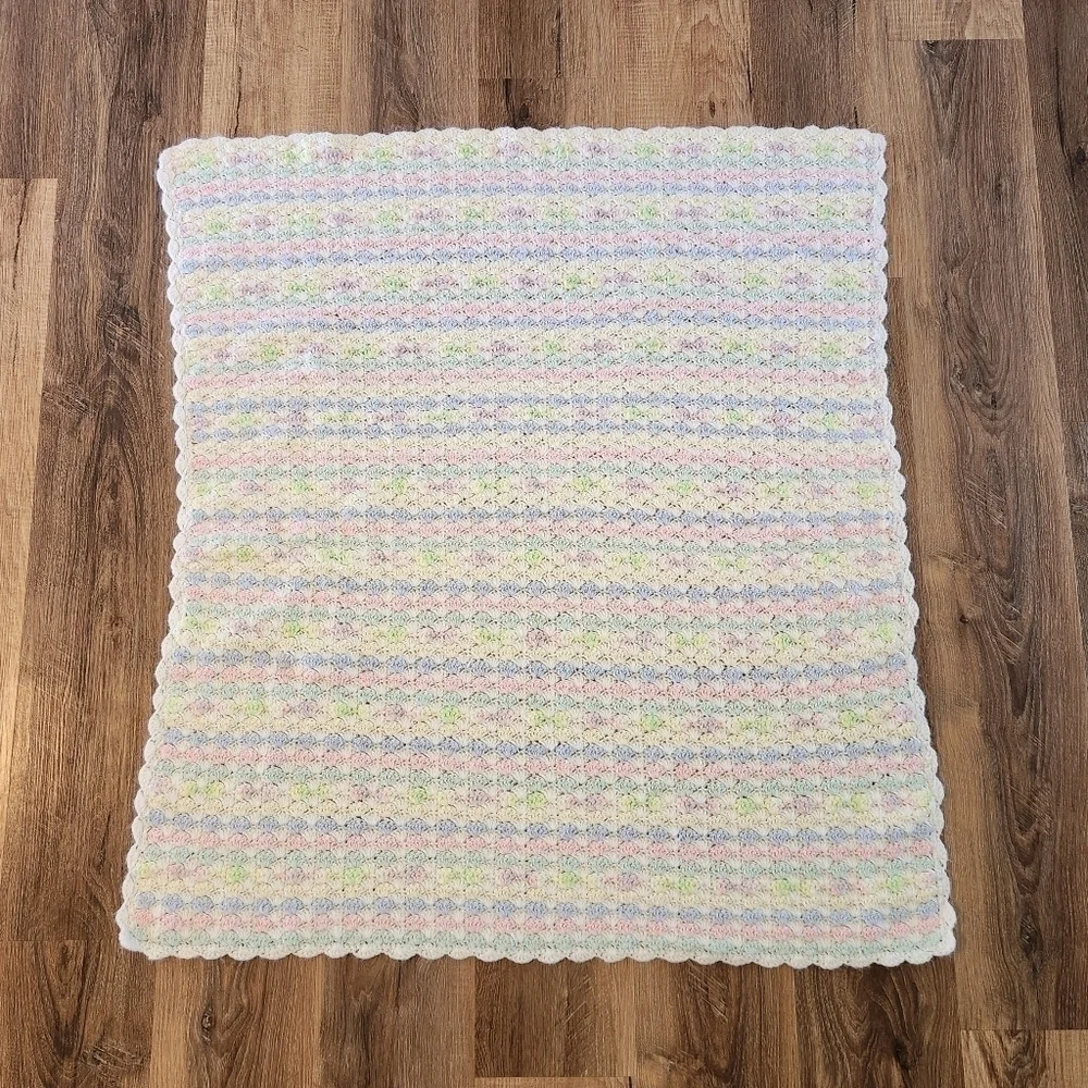 Crochet Handmade Pastel Pink Blue White Throw Lap Baby Blanket Afghan